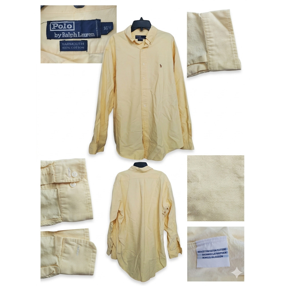 Polo Ralph Lauren Yarmouth Shirt Mens 16.5 35 Yellow Pinpoint Oxford Brown Pony